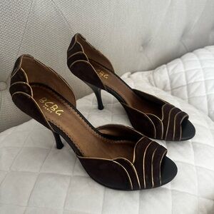 BCBG Brown and Gold Peep-Toe Stiletto Heels